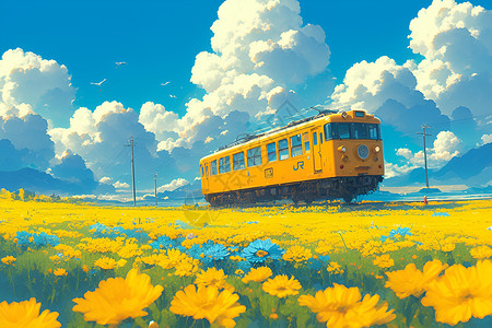 行驶的火车缤纷油菜花间穿行的黄色火车插画