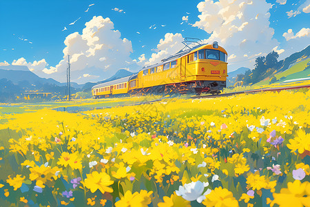 春天火车行驶在花海中的列车插画