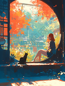窗边的少女与猫高清图片