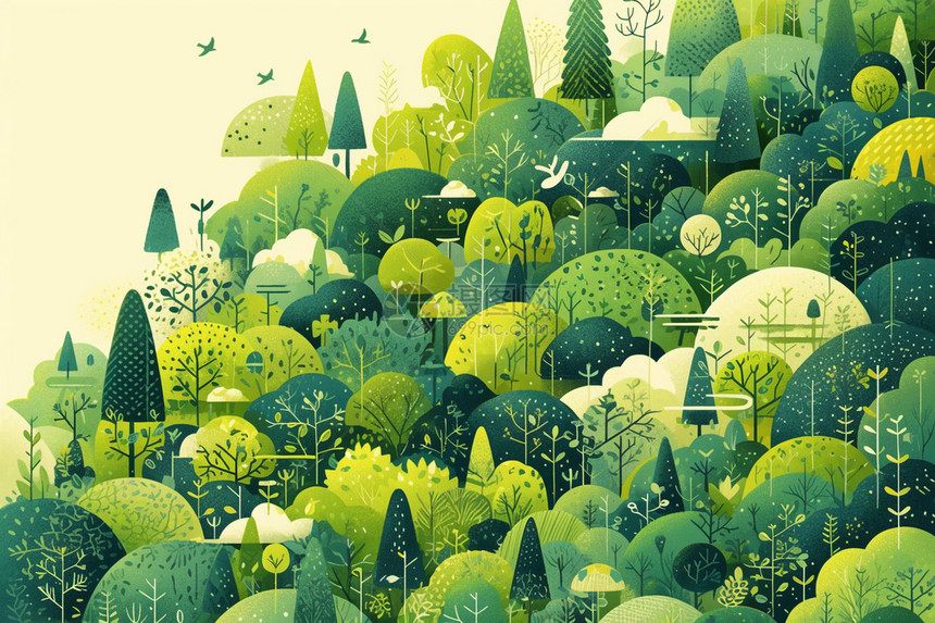 绿色森林的平面插图图片