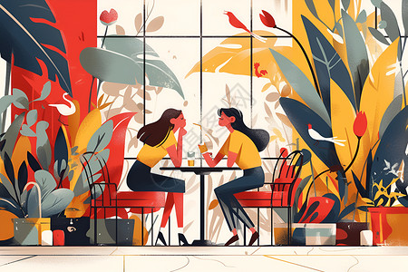 女士聚会两位女士在咖啡馆里聊天插画