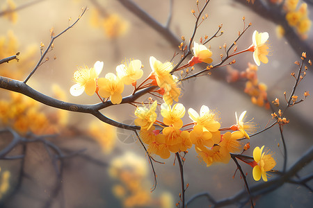 树枝上黄花绽放高清图片