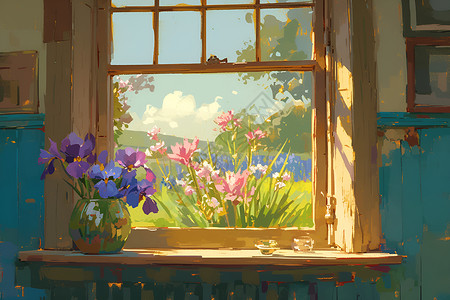 油画花瓶窗外的花园插画