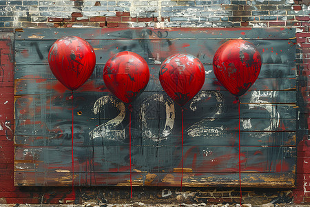 木板墙上的红色气球背景图片