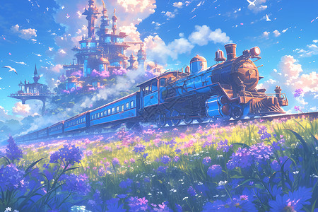 蓝色火车穿过野花盛开的山坡背景图片