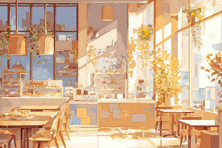 咖啡厅阳光下的餐厅插画