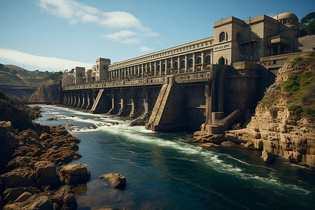 巨型水坝阻挡湍急水流背景图片