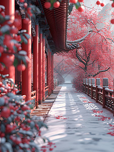 红梅宫廷扇团扇雪中的梅花背景