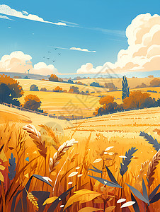 麦子成熟成熟的麦田插画