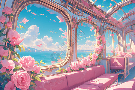 粉色火车沿海行驶背景图片