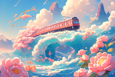 花海中的粉色列车背景图片