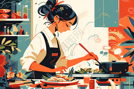 做美食下厨做饭厨房做饭的女孩插画