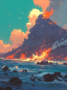 自然火山美景岛上的自然灾害插画