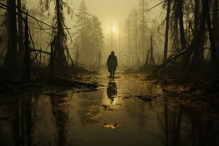 洪泽湖湿地神秘人物站在浑浊淡水湿地设计图片
