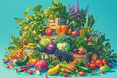 蔬果食材新鲜的水果蔬菜插画