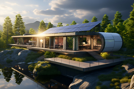 别墅屋顶上的太阳能电池板高清图片