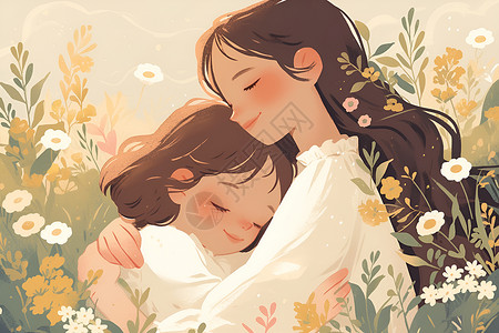花丛里的妈妈和女儿背景图片