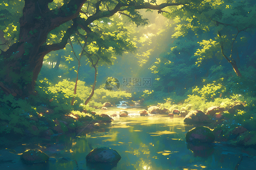 森林溪流中的阳光图片