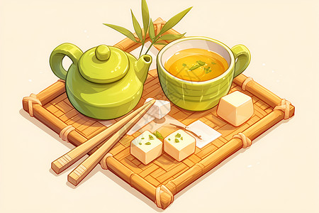 酱料盘和风茶道传统仪式与美食结合插画