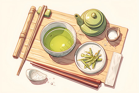 茶道艺术竹盘上的茶具插画