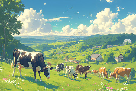 草原上的天路山坡上的奶牛插画