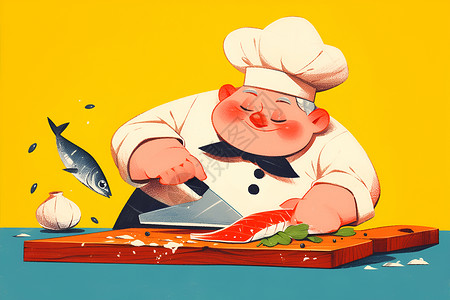 鱼肉市场厨师切割三文鱼插画