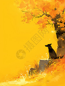 秋天树下的小狗背景图片