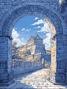 临海长城城墙长城上的拱门插画
