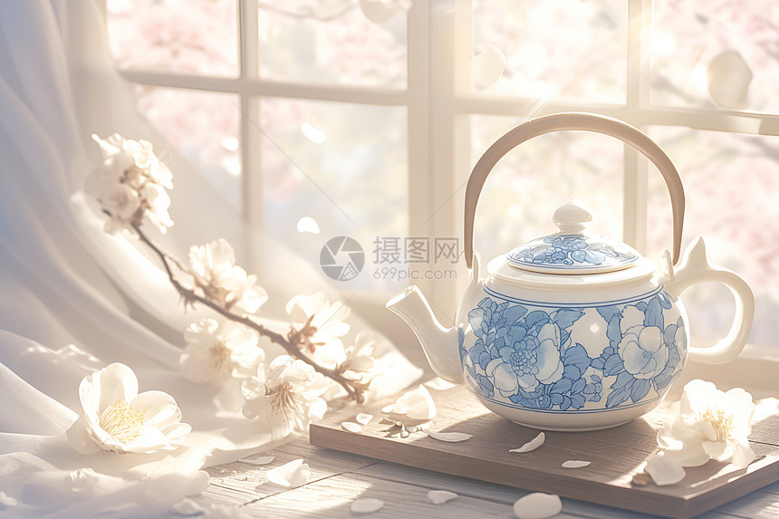 清新雅致的蓝白瓷茶壶图片