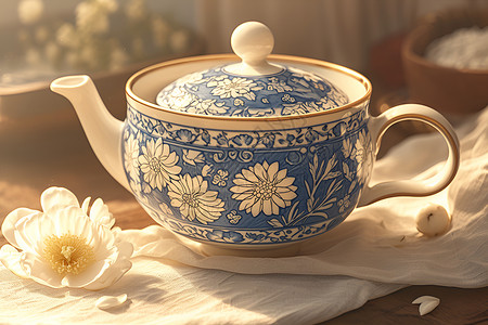 产品工艺蓝白茶壶的工艺展示插画