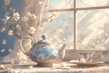 现代工艺瓷器精美蓝白茶壶的工艺展示插画