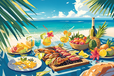 沙滩烧烤沙滩上的美食插画