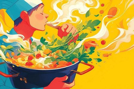 熬制汤汁一碗食物的香气插画