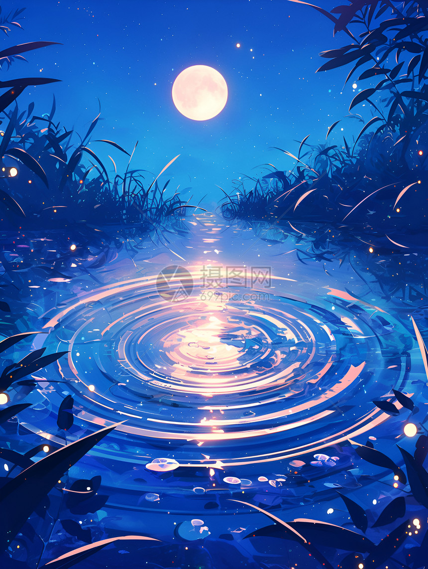 夜晚月色倒映清澈溪流的迷人画面图片