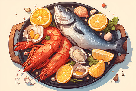 海鲜捕捞一桌海鲜佳肴插画