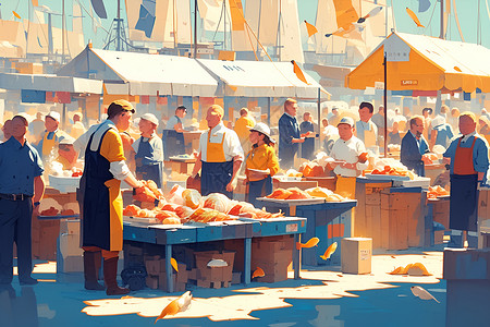 拥挤的市场海鲜摊位高清图片