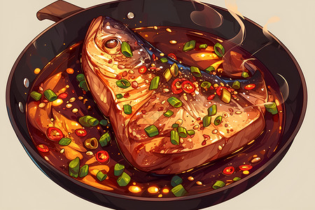 烤鱼肉鱼香四溅的铁锅插画