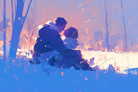 一对情侣坐在雪地里高清图片