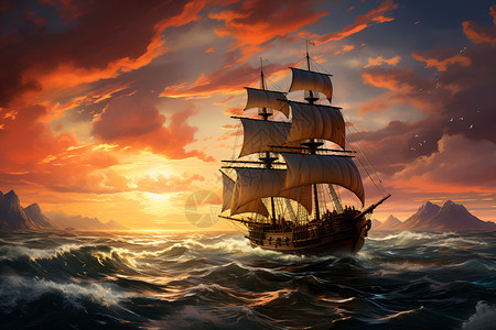 海洋帆船扬帆起航的船只插画