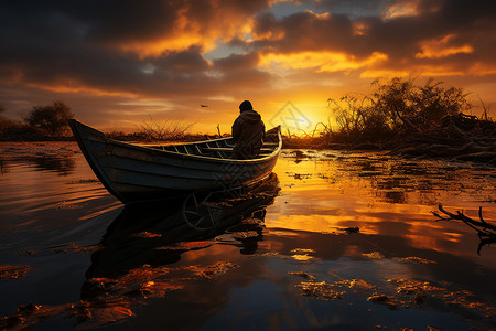 反映水面日落小木船上的渔夫背景