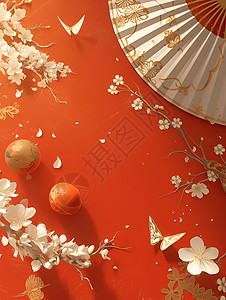 中国风梅花扇梅花扇搁于红桌上插画