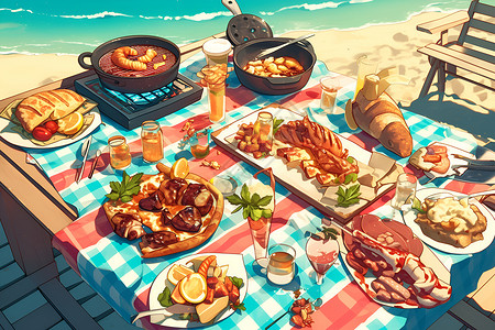 沙滩烧烤的烧烤野餐插画