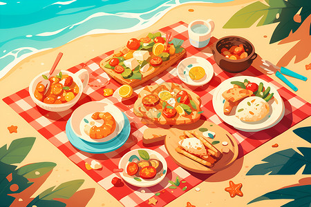 沙滩烧烤沙滩上的烧烤野餐插画