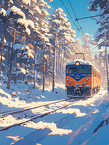 雪地列车冬日行进中的列车插画