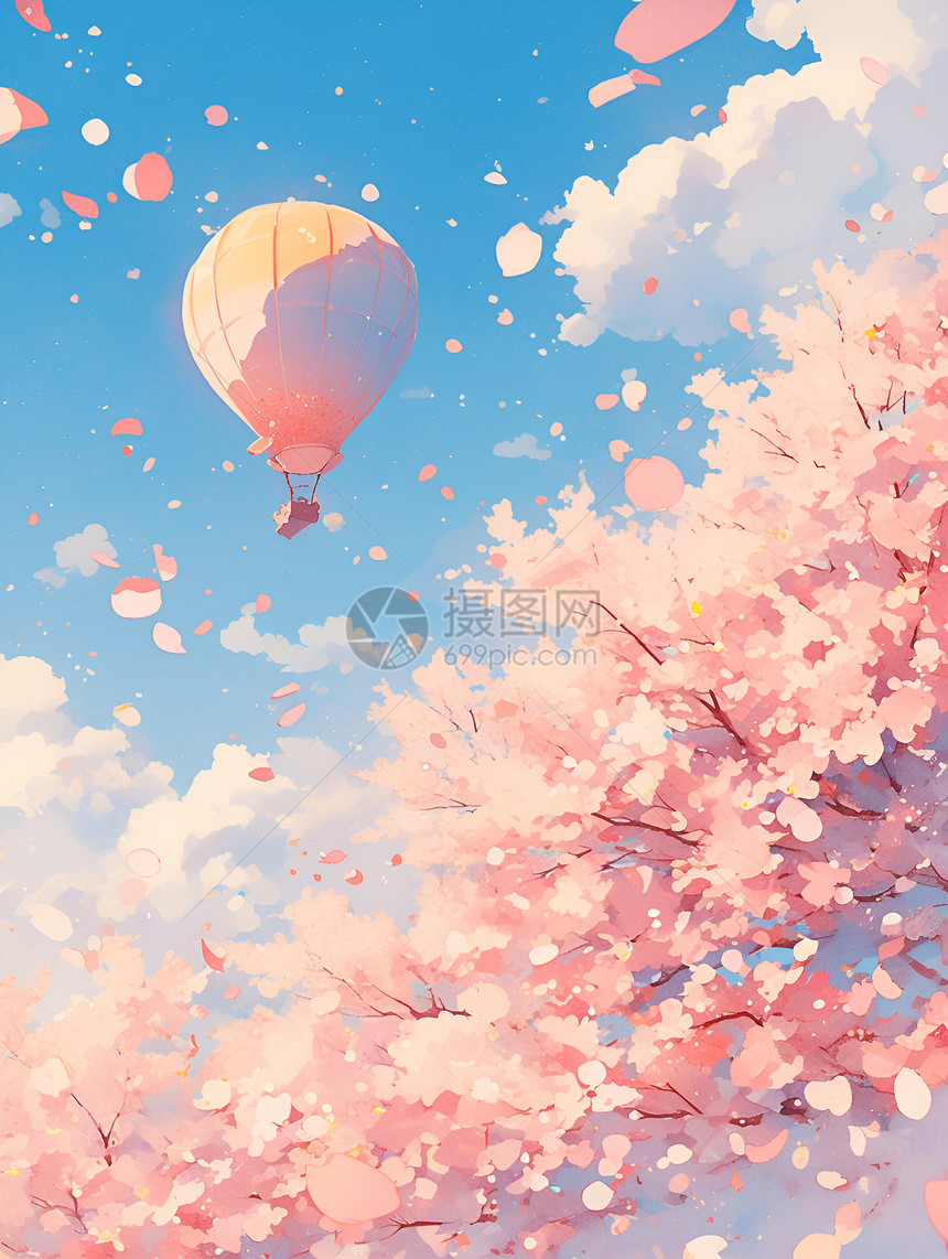 樱花树和热气球图片