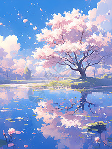 清澈的河流樱花盛开倒影清澈的池塘插画