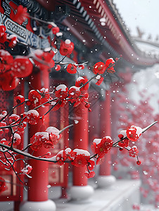 花雪随风不厌看雪花飘飘下枝头红花绽放背景