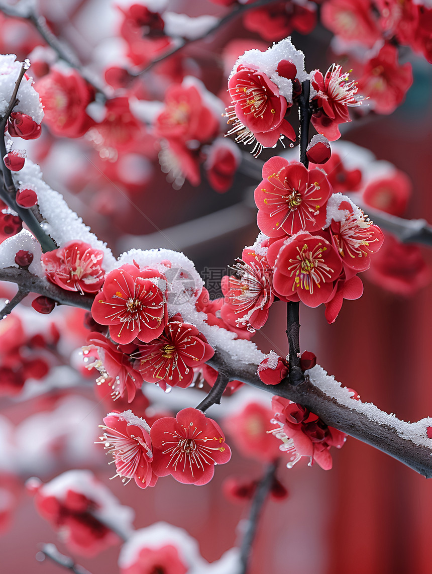 紫禁城红墙和雪覆梅树图片