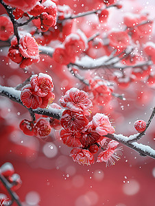 冬日雪花冬日红墙下的梅花背景