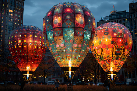 节日装饰彩条城市夜幕下的热气球设计图片